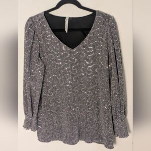 My Collection Stunning Silver Sequin V-Neck Top Blouse Size M 3/4 Sleeves EUC